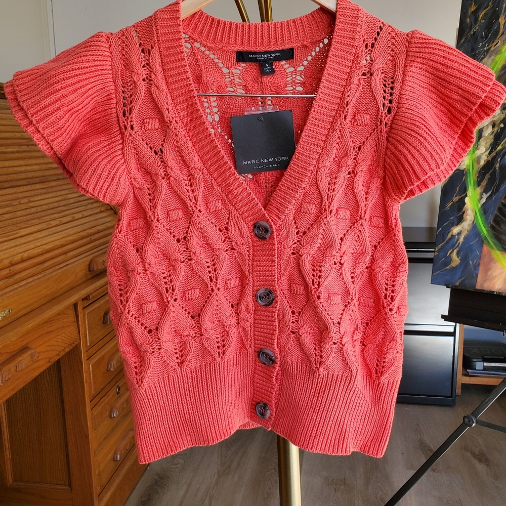 Marc New York Andrew Marc crochet Top Cardigan Short butterfly sleeve. Coral